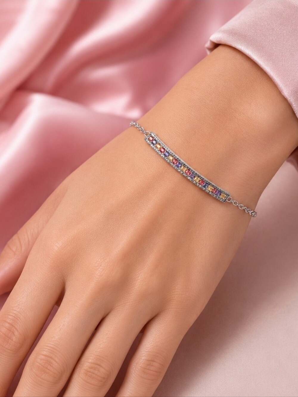 925 Sterling Silver Tennis Bracelet 7.5" with Natural Multicolor Sapphires